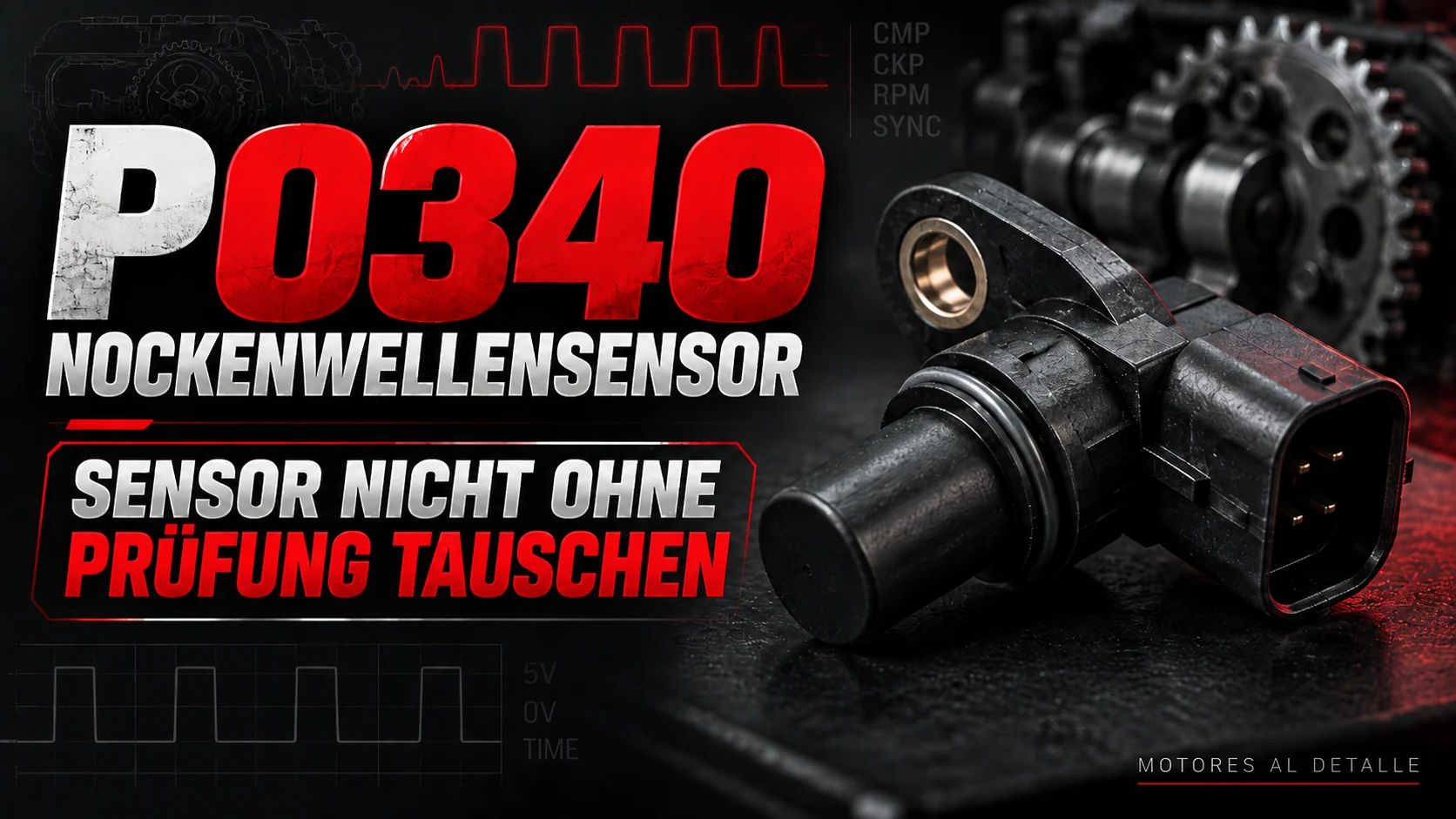 Illustration zu P0340 mit Nockenwellenpositionssensor und dem Hinweis, ihn vor dem Austausch zu prüfen.