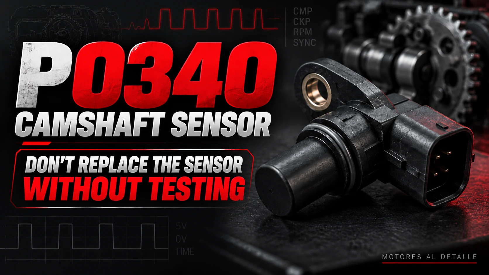 P0340 illustration with a camshaft position sensor and a reminder to test it before replacement.