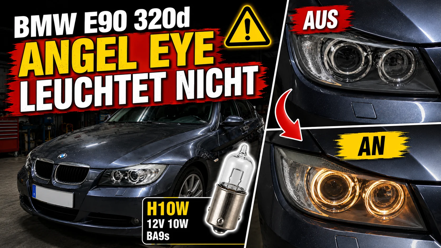 Vorher und nachher beim Wechsel der H10W-Birne für die Angel Eyes am BMW E90