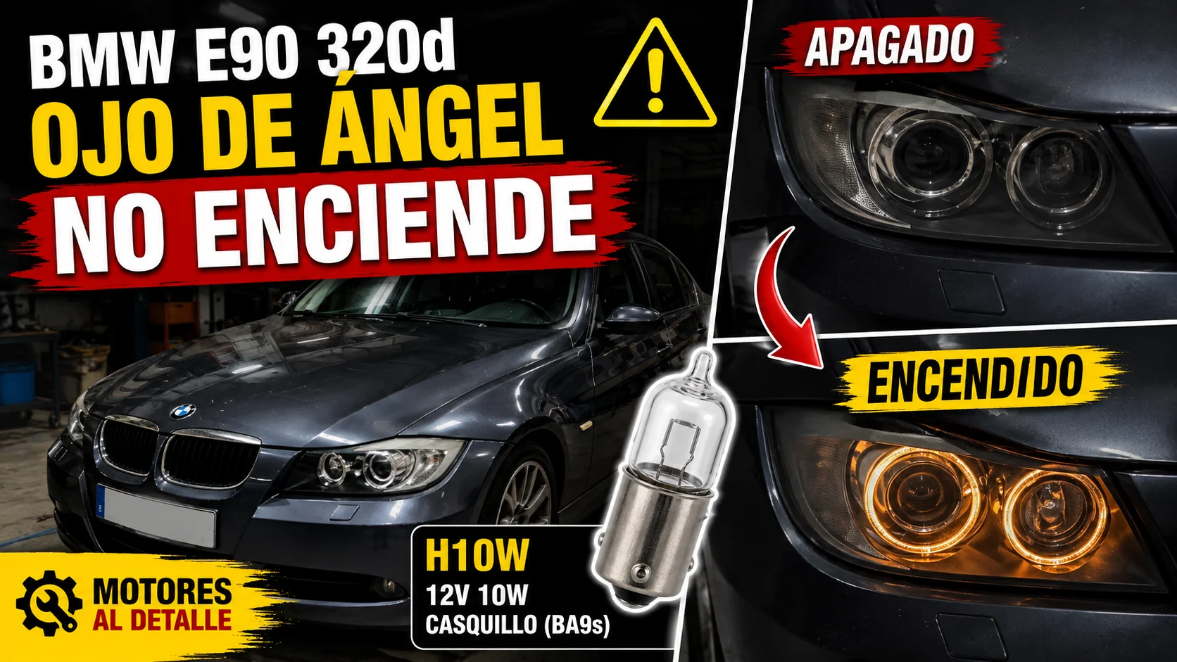 Antes y después del cambio de la bombilla H10W del ojo de ángel en un BMW E90
