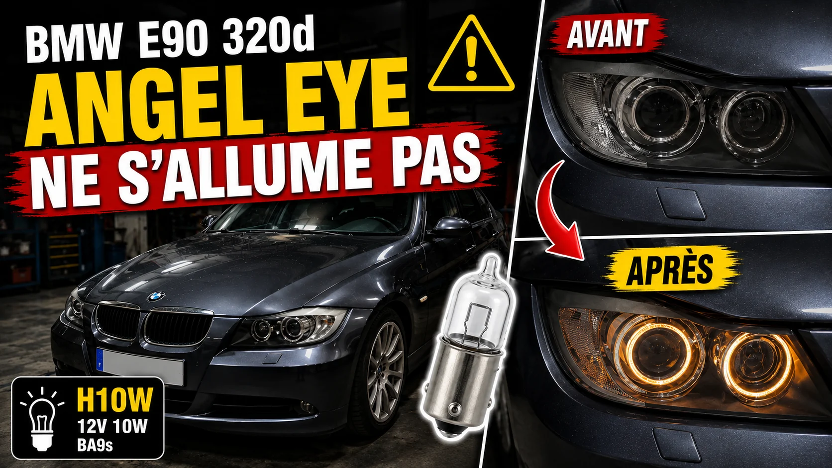Avant et après le remplacement de l’ampoule H10W des angel eyes sur une BMW E90