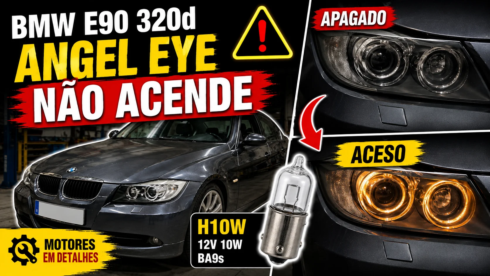 Antes e depois da troca da lâmpada H10W dos angel eyes em uma BMW E90