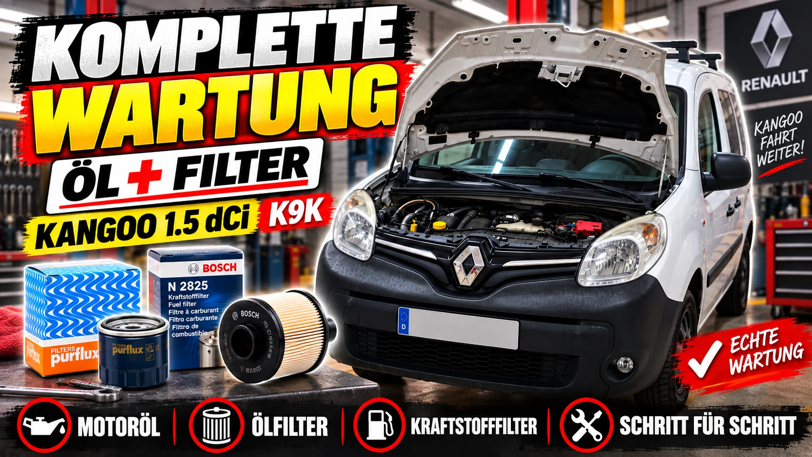 Renault Kangoo 1.5 dCi K9K mit Motoröl, Filtern und Wartungskontrollen