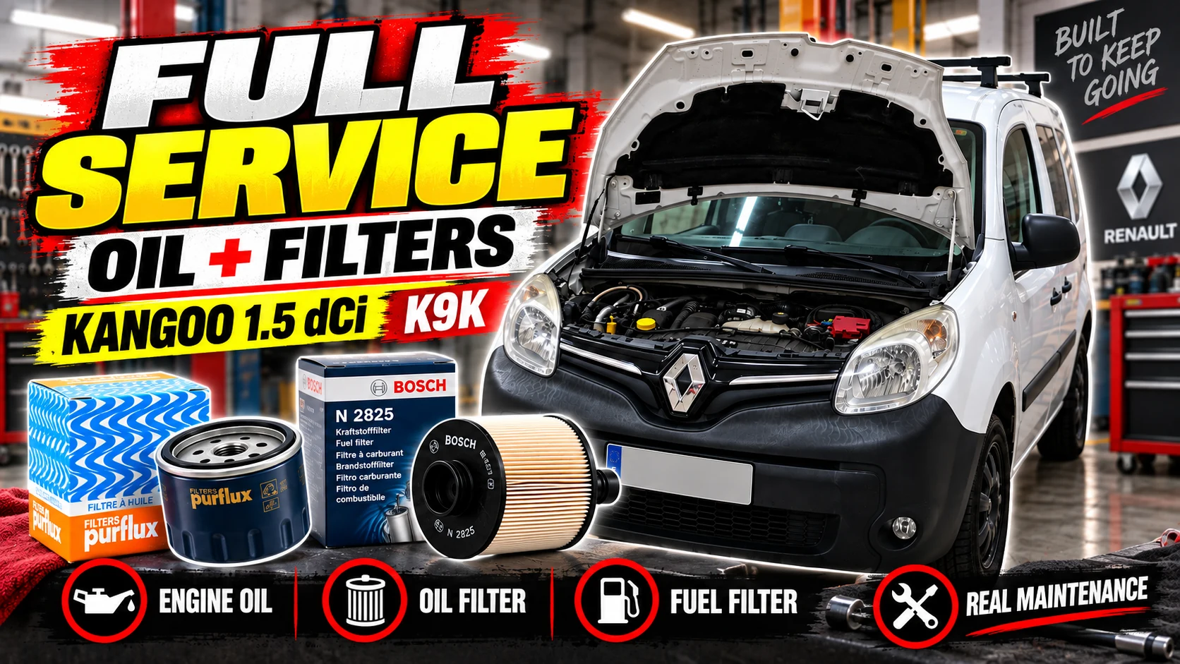 Renault Kangoo 1.5 dCi K9K with engine oil, filters and maintenance inspection points