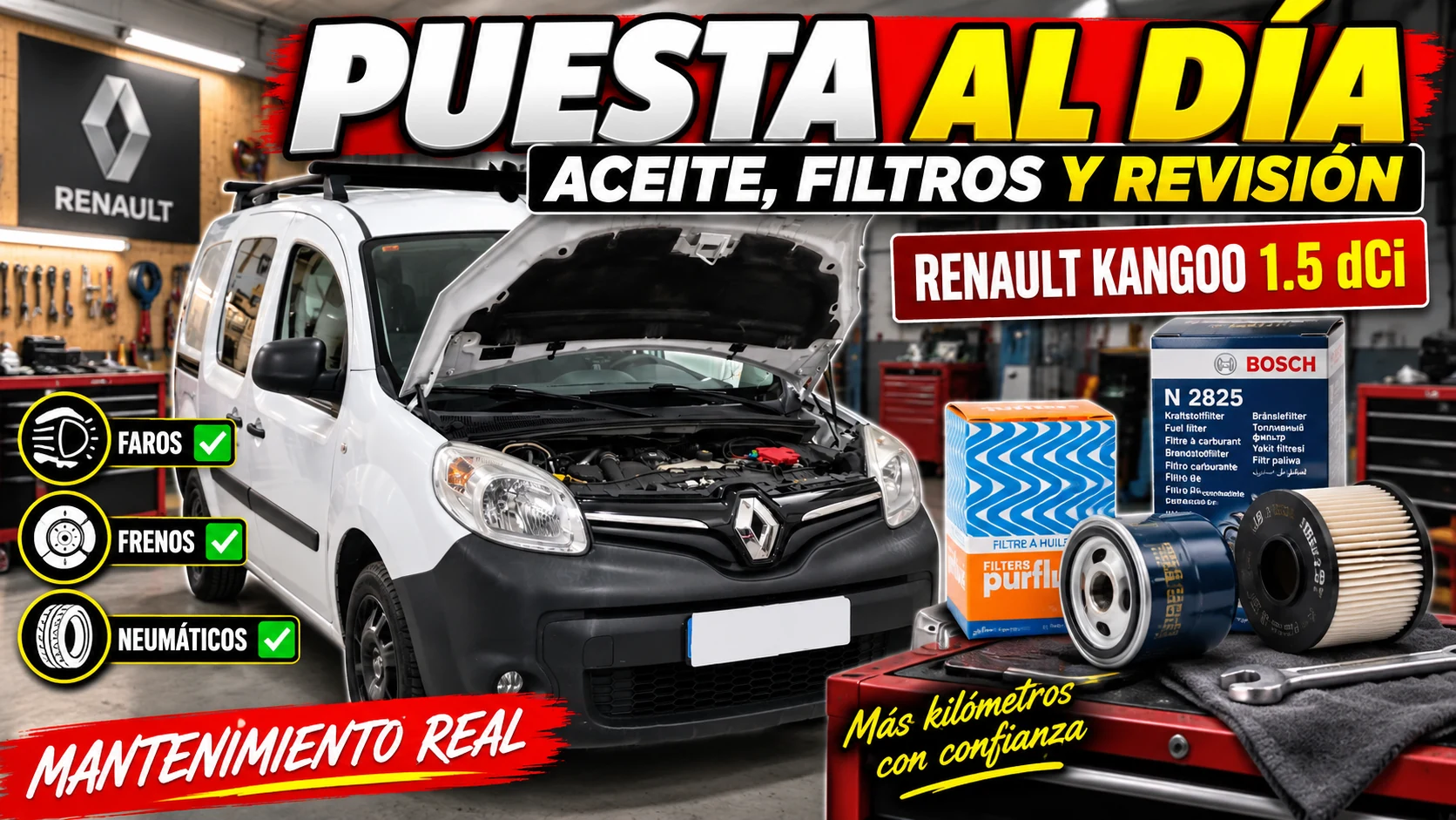 Renault Kangoo 1.5 dCi K9K con aceite, filtros y puntos de revisión del mantenimiento