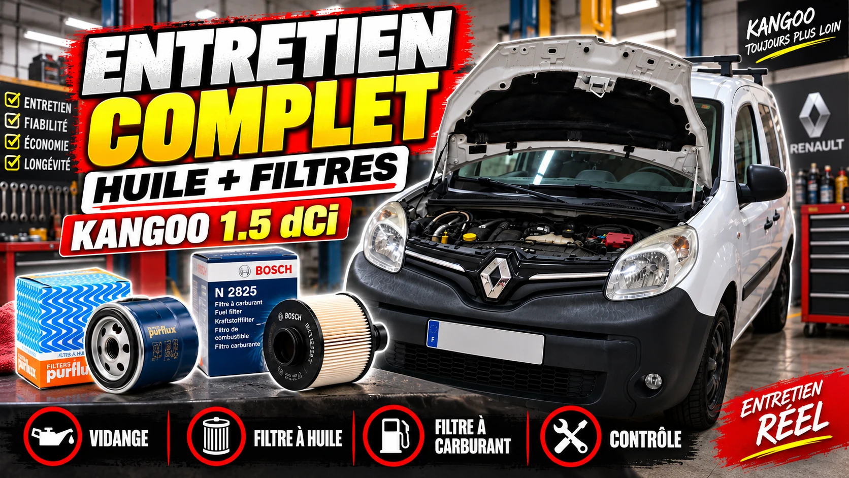 Renault Kangoo 1.5 dCi K9K avec huile moteur, filtres et points de contrôle de l’entretien