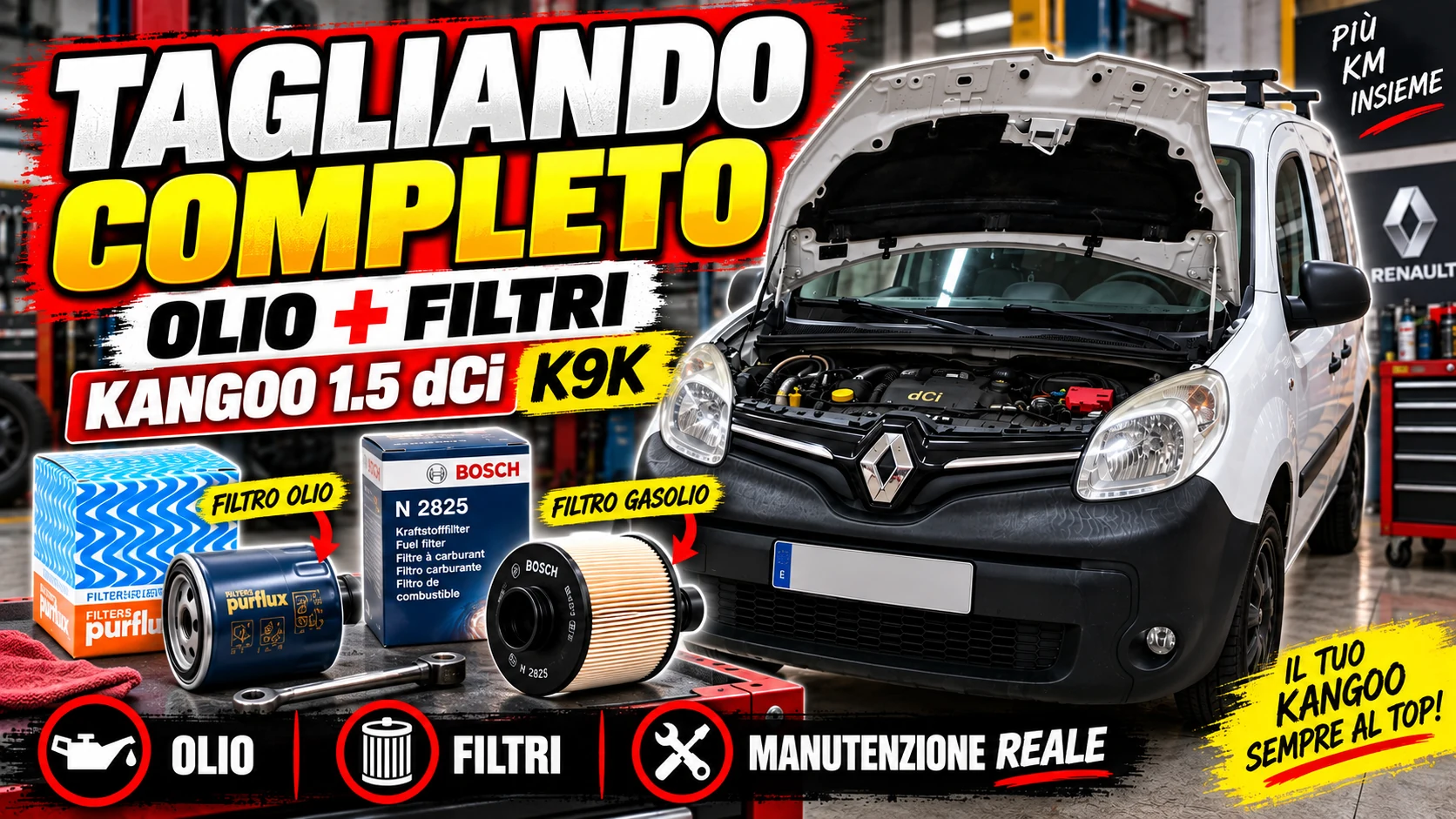Renault Kangoo 1.5 dCi K9K con olio motore, filtri e punti di controllo della manutenzione