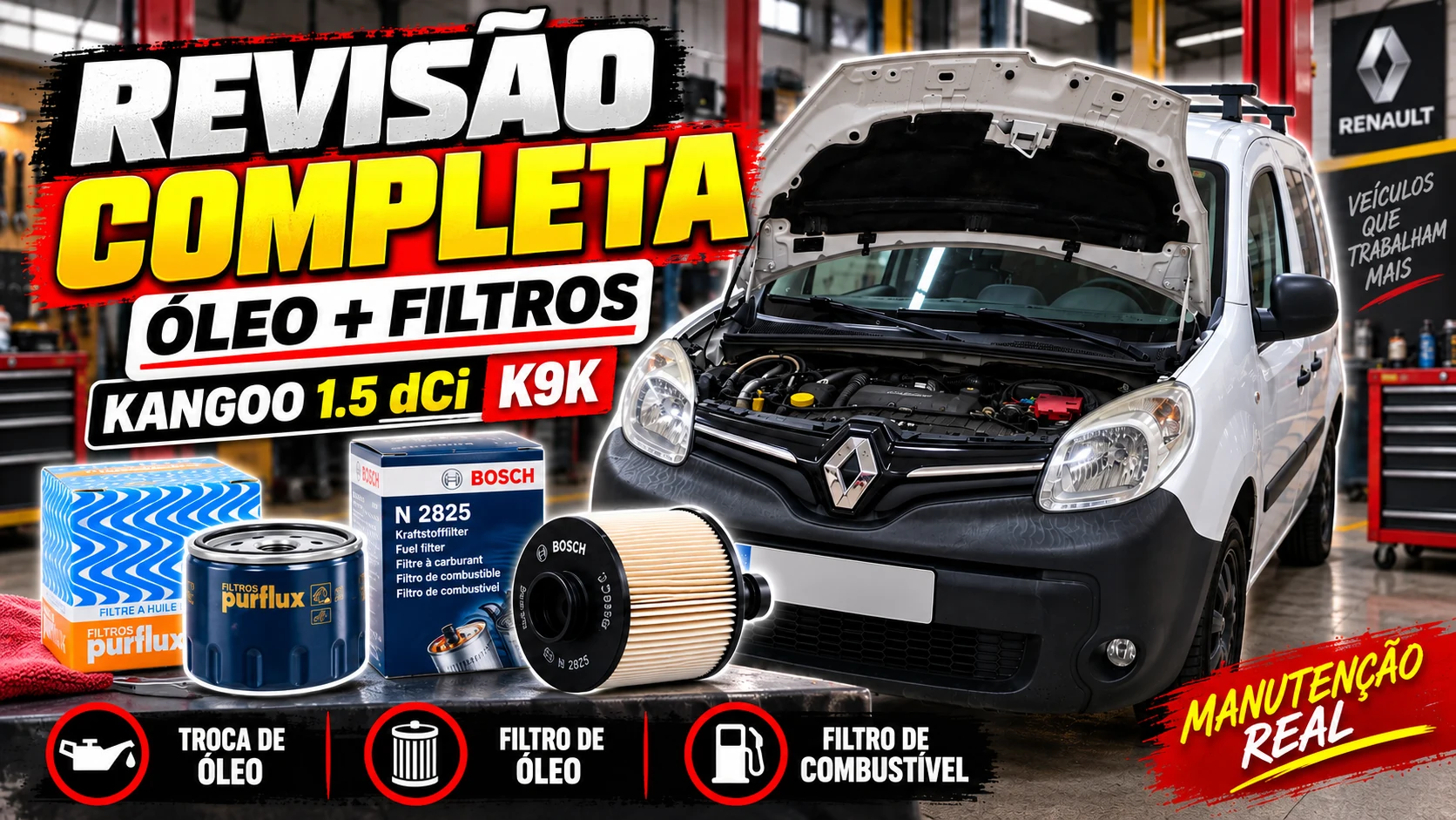 Renault Kangoo 1.5 dCi K9K com óleo do motor, filtros e pontos de inspeção da manutenção