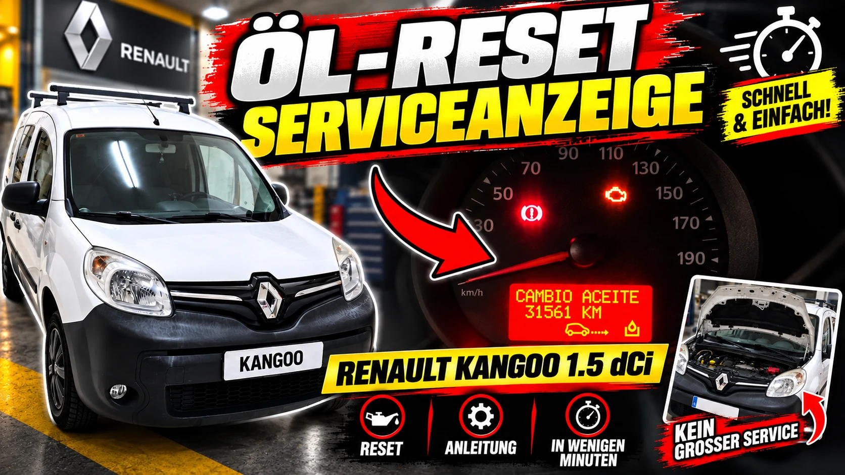 Renault Kangoo beim Zurücksetzen der Ölwechsel-Wartungsanzeige